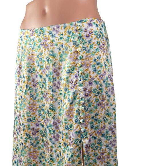 ZARA Multicolor Floral Satin Button Ruffle Hem Slit Midi A-Line Slip Skirt Sz M - Picture 2 of 5